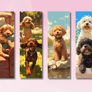 Può includere: Quattro dipinti diversi di cani. Il primo dipinto mostra un cane marrone e bianco che dorme su un divano. Il secondo dipinto mostra un cane marrone e bianco che corre attraverso un campo. Il terzo dipinto mostra un cane marrone seduto su uno scoglio vicino a un lago. Il quarto dipinto mostra un cane bianco e un cane nero in piedi su un portico.