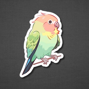 K&ouml;nnte beinhalten: Ein Aufkleber mit einem gr&uuml;n, pink und gelben Liebesvogel, der auf einem Ast sitzt. Der Vogel hat einen rosa Kopf und einen gr&uuml;nen K&ouml;rper mit einem blauen Schwanz.