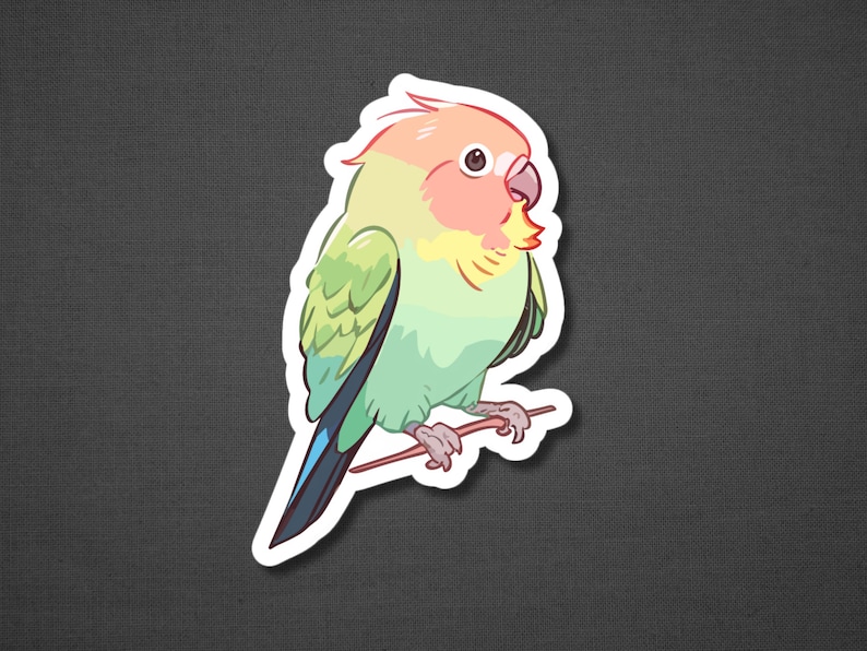K&ouml;nnte beinhalten: Ein Aufkleber mit einem gr&uuml;n, pink und gelben Liebesvogel, der auf einem Ast sitzt. Der Vogel hat einen rosa Kopf und einen gr&uuml;nen K&ouml;rper mit einem blauen Schwanz.
