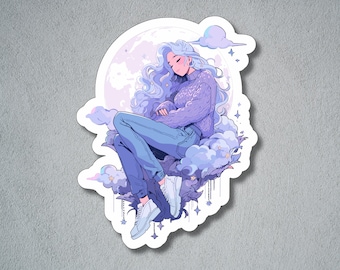 Dreamer Sticker, Dreamy Girl Sticker, Celestial Girl Sticker, Girl on the Moon, Girl in Clouds, Glossy Dreamy Sticker