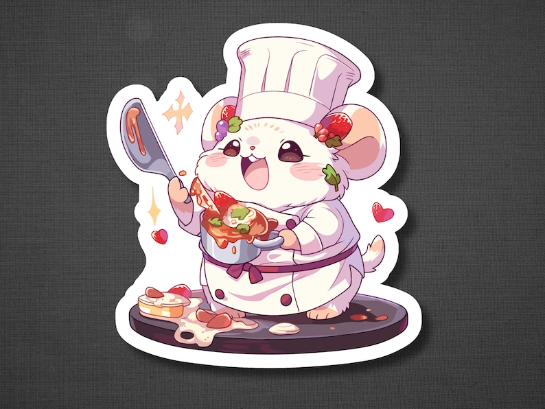 Puede incluir: Un h&aacute;mster de dibujos animados blanco con un gorro de cocinero y un delantal, sosteniendo una olla de comida con una cuchara. El h&aacute;mster est&aacute; rodeado por un borde blanco y un fondo marr&oacute;n.