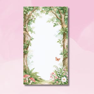 May include: A rectangular paper print featuring a forest border with brown tree trunks and green leaves. The bottom includes red and white spotted mushrooms, green ferns, white lily of the valley flowers, and a small orange butterfly in the center.