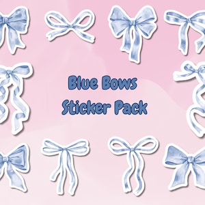 May include: A sticker pack of ten blue watercolour bows. The sticker pack is called "Blue Bows Sticker Pack".