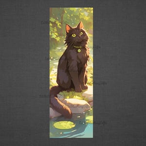 May include: Illustration of a black cat with yellow eyes, wearing a green collar, sitting on a rock near water. The cat is in a natural setting with green foliage and lily pads. The artwork has a soft, painterly style.