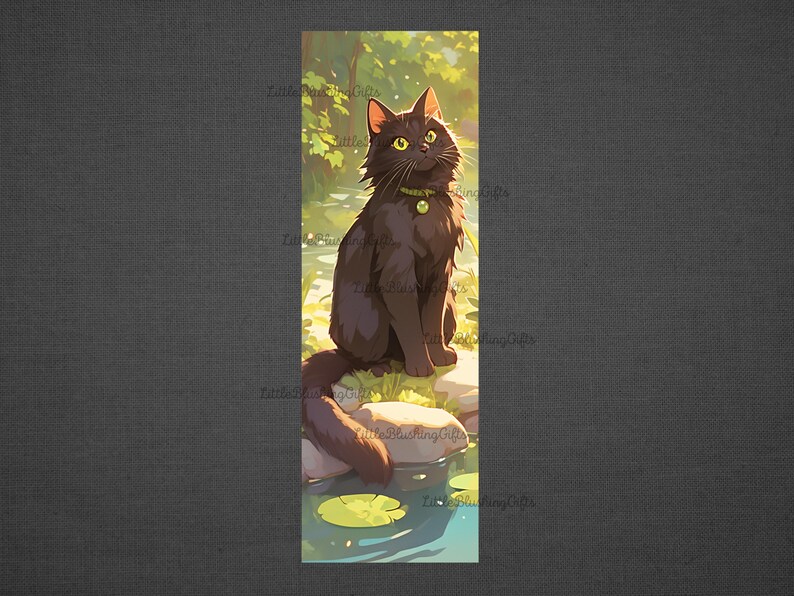 May include: Illustration of a black cat with yellow eyes, wearing a green collar, sitting on a rock near water. The cat is in a natural setting with green foliage and lily pads. The artwork has a soft, painterly style.