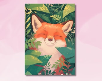 Cute Fox between leaves Artprint, Fox Artprint, Wall Print,Design with Foxes, Forest Fox Art, A5 Artprint, Cute A5 Fox Print