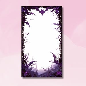 May include: A rectangular frame featuring a dark purple and black border with silhouettes of bats, twisted leafless tree branches, and a graveyard scene at the bottom. The center of the frame is a solid white space for content or text placement.