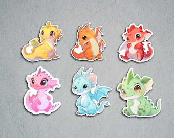 Magical Dragon Sticker - 6 Die-Cut Glossy Stickers Featuring Cute Dragons in Vivid Colors