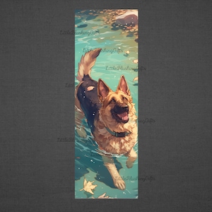 May include: A brown and black German Shepherd dog swims in a blue body of water. The dog is smiling and has its tongue out. There are leaves floating in the water.