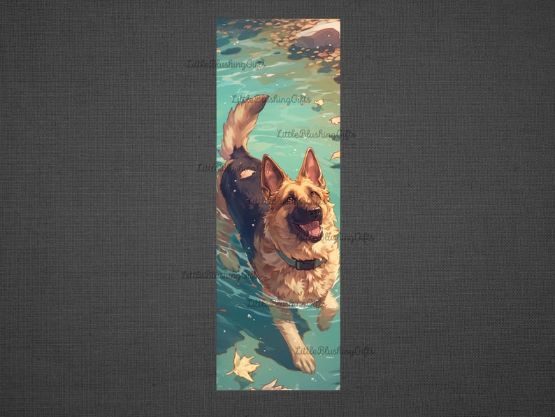 May include: A brown and black German Shepherd dog swims in a blue body of water. The dog is smiling and has its tongue out. There are leaves floating in the water.