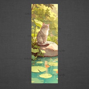 May include: Illustration of a gray and white cat sitting on a rock near a pond with lily pads. The cat is in a serene setting with lush green foliage and sunlight filtering through the trees. The artwork has a soft, painterly style.