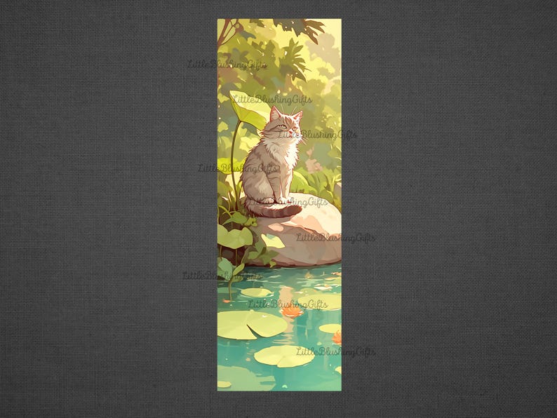 May include: Illustration of a gray and white cat sitting on a rock near a pond with lily pads. The cat is in a serene setting with lush green foliage and sunlight filtering through the trees. The artwork has a soft, painterly style.