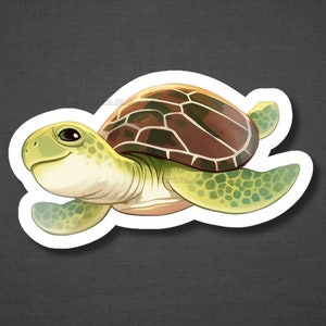 May include: A cartoon illustration of a green sea turtle with a brown shell. The turtle is swimming with its flippers outstretched.