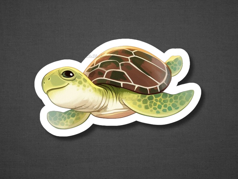 May include: A cartoon illustration of a green sea turtle with a brown shell. The turtle is swimming with its flippers outstretched.