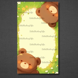 May include: Two brown teddy bears with orange noses and yellow eyes peek out from behind a green and yellow floral border. The text "Little Blushing Gifts" is repeated throughout the border.