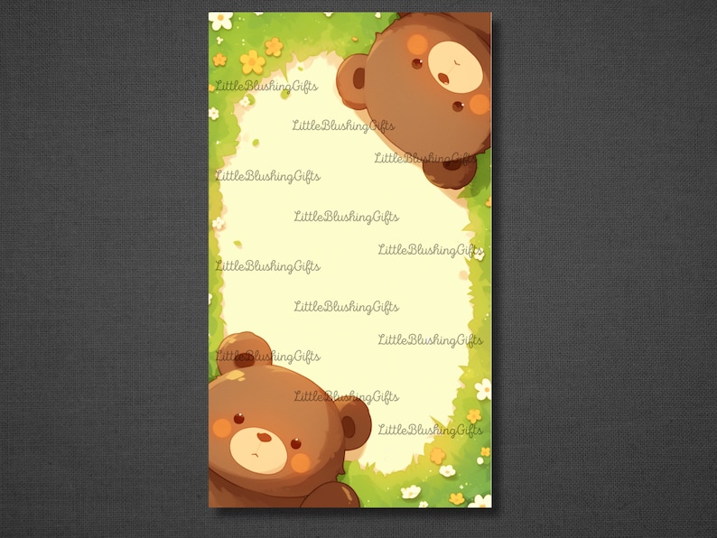 May include: Two brown teddy bears with orange noses and yellow eyes peek out from behind a green and yellow floral border. The text "Little Blushing Gifts" is repeated throughout the border.
