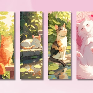 May include: Four bookmarks featuring different illustrations of cats. The first bookmark shows an orange tabby cat sitting on a wooden fence. The second bookmark shows a calico cat lying down on a rock near a pond. The third bookmark shows a calico cat sitting on a rock near a pond. The fourth bookmark shows a white cat sleeping on a pink pillow.