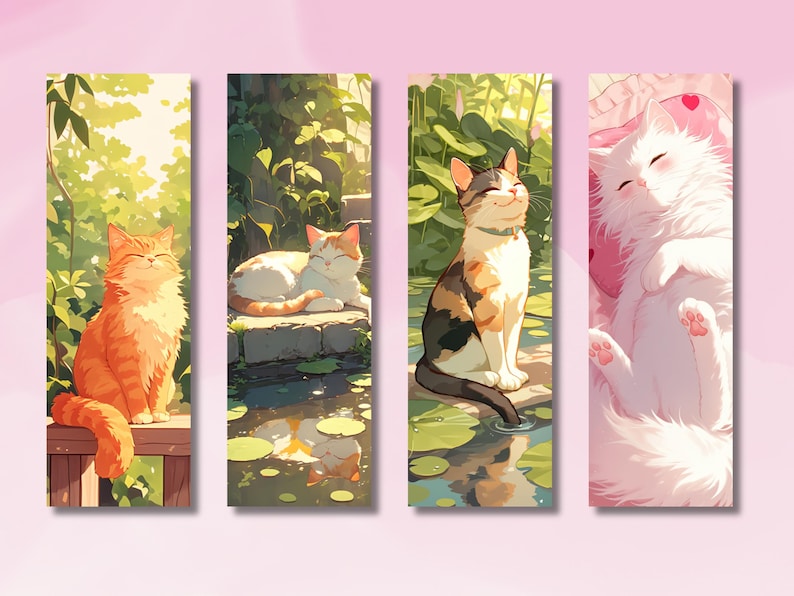 May include: Four bookmarks featuring different illustrations of cats. The first bookmark shows an orange tabby cat sitting on a wooden fence. The second bookmark shows a calico cat lying down on a rock near a pond. The third bookmark shows a calico cat sitting on a rock near a pond. The fourth bookmark shows a white cat sleeping on a pink pillow.