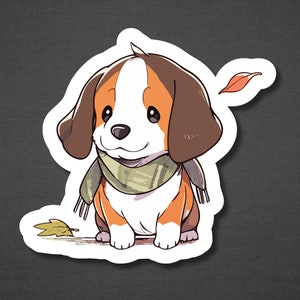 Puede incluir: Una ilustraci&oacute;n de dibujos animados de un beagle marr&oacute;n, blanco y naranja que lleva una bufanda verde y marr&oacute;n. El beagle est&aacute; sentado sobre un fondo blanco con una hoja marr&oacute;n detr&aacute;s.