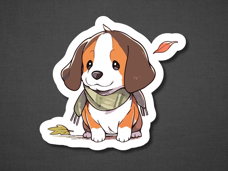 Puede incluir: Una ilustraci&oacute;n de dibujos animados de un beagle marr&oacute;n, blanco y naranja que lleva una bufanda verde y marr&oacute;n. El beagle est&aacute; sentado sobre un fondo blanco con una hoja marr&oacute;n detr&aacute;s.