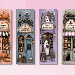 Halloween-bokmärke, läskigt bokmärke, spökbokhandel, häxbageri, pumpablomsterhandlare, skelettbutik, höstpresent till bokälskare