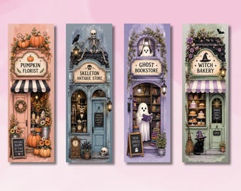 Halloween-Lesezeichen, Grusel-Lesezeichen, Geisterbuchhandlung, Hexenbäckerei, Kürbis-Blumenladen, Skelettladen, Geschenk für Herbstbuchliebhaber