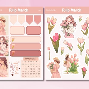 Süßer rosa März Tulpen Sticker, A5 Größe, A5 Journal und Bulletjournal, Pastellfarben März Aufkleber, süße rosa Tulpen für den März Planer