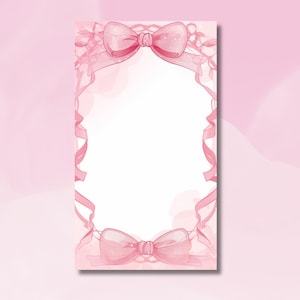 Può includere: Uno sfondo acquerellato rosa con un bordo di nastro rosa e due fiocchi rosa in alto e in basso. Lo sfondo è di un rosa chiaro e morbido.