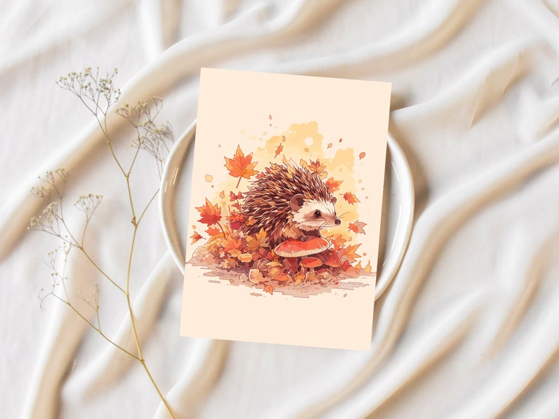 K&ouml;nnte beinhalten: Eine Aquarell-Illustration eines Igels mit braunem und wei&szlig;em Fell, der auf einem Pilz in einer Waldlandschaft sitzt. Der Igel ist von Herbstbl&auml;ttern in Orange-, Rot- und Gelbt&ouml;nen umgeben.