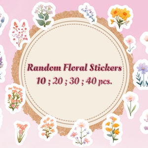 Puede incluir: Un conjunto de pegatinas florales coloridas con una variedad de diseños de flores. Las pegatinas están dispuestas en un círculo alrededor de un círculo de papel marrón con el texto "Random Floral Stickers 10; 20; 30; 40 pcs."