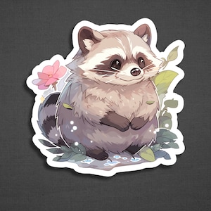 Puede incluir: Un adorable dibujo animado de mapache con una m&aacute;scara negra y una cola esponjosa, sentado en un campo de flores y hojas. El mapache tiene grandes ojos marrones y una expresi&oacute;n dulce.