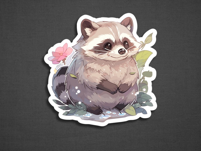 Puede incluir: Un adorable dibujo animado de mapache con una m&aacute;scara negra y una cola esponjosa, sentado en un campo de flores y hojas. El mapache tiene grandes ojos marrones y una expresi&oacute;n dulce.
