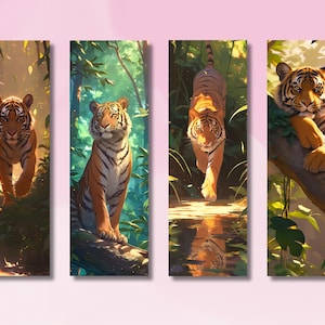 Puede incluir: Cuatro ilustraciones verticales de tigres en un exuberante entorno selvático verde. Los tigres se representan en varias poses, incluyendo caminar, sentarse en una rama y acercarse al espectador. La obra de arte presenta una luz cálida y dorada.