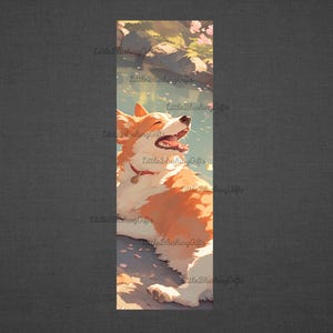 May include: A digital illustration of a corgi dog with brown and white fur, lying on its back with its mouth open and tongue sticking out. The dog is surrounded by a blue pond with white flowers floating on the surface. The background is a green forest with a blue sky.