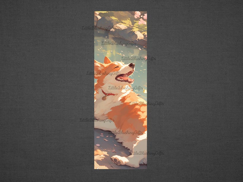 May include: A digital illustration of a corgi dog with brown and white fur, lying on its back with its mouth open and tongue sticking out. The dog is surrounded by a blue pond with white flowers floating on the surface. The background is a green forest with a blue sky.