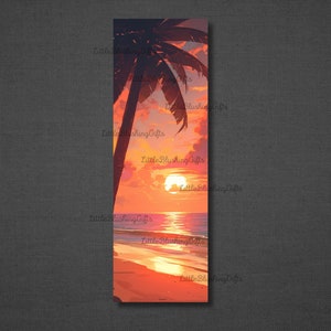 K&ouml;nnte beinhalten: Ein digitales Gem&auml;lde eines Sonnenuntergangs &uuml;ber einem Strand mit einer Palme im Vordergrund. Der Himmel ist leuchtend orange und rosa, und die Sonne geht am Horizont unter. Das Wasser ist tiefblau und der Sand ist hellbraun.