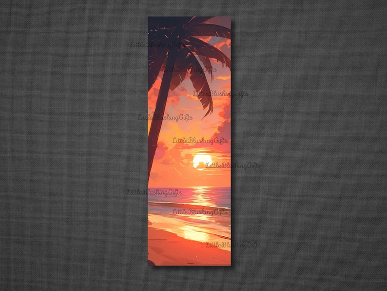K&ouml;nnte beinhalten: Ein digitales Gem&auml;lde eines Sonnenuntergangs &uuml;ber einem Strand mit einer Palme im Vordergrund. Der Himmel ist leuchtend orange und rosa, und die Sonne geht am Horizont unter. Das Wasser ist tiefblau und der Sand ist hellbraun.