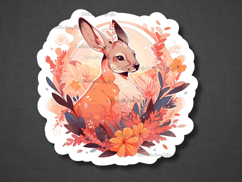 K&ouml;nnte beinhalten: Ein Aufkleber mit einem niedlichen Cartoon-Rehkitz mit orange-braunem Fell, umgeben von rosa, orange und blauen Blumen. Das Rehkitz schaut nach rechts im Bild.