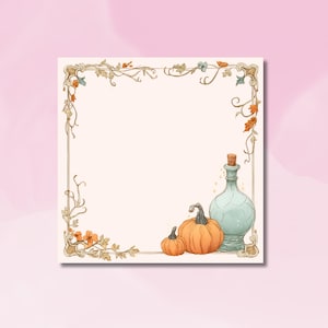 Op de afbeelding: Waterverfillustratie met een vierkant kader met bloemen- en wijnstokaccenten. Een lichtblauwe fles met een kurk en twee oranje pompoenen staan rechts. De achtergrond is zachtroze.