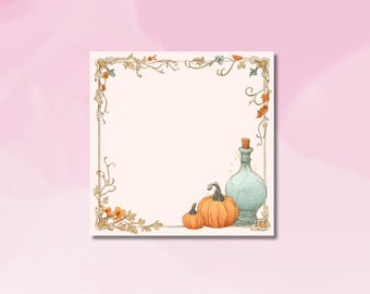 May include: Watercolor illustration featuring a square frame with floral and vine accents. A light blue bottle with a cork stopper and two orange pumpkins are on the right. The background is a soft pink.