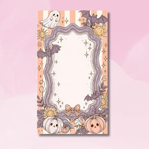 May include: A rectangular vertical frame with a wavy purple border on a peach and white striped background. The design features a white ghost, purple bats, sunflowers, and two pumpkins at the bottom, accented with small stars and a central bow.