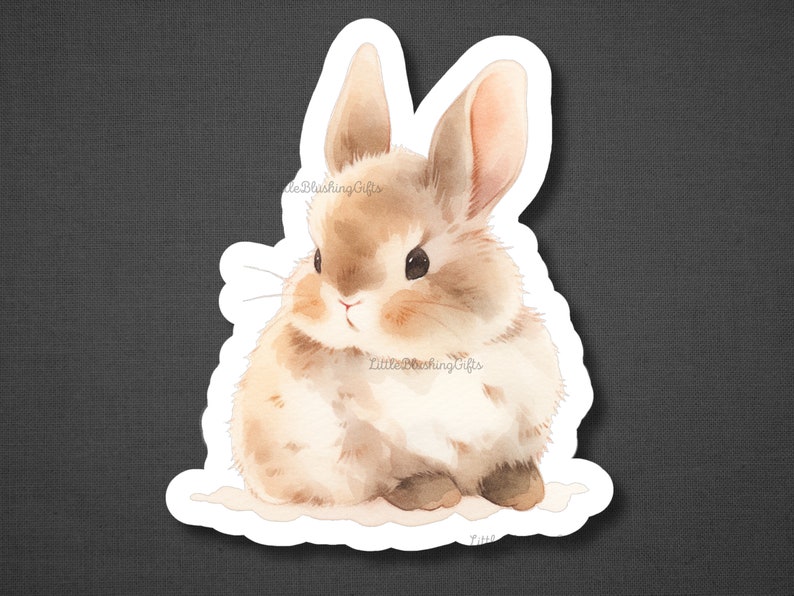 May include: A watercolour illustration of a brown and white bunny rabbit sitting on a white background. The bunny has large ears and a fluffy tail.