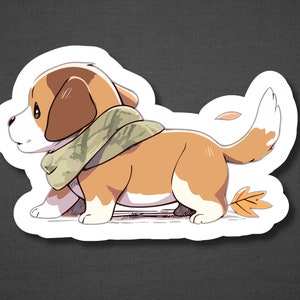 Puede incluir: Una ilustraci&oacute;n de dibujos animados de un cachorro marr&oacute;n y blanco con una bufanda verde y marr&oacute;n. El cachorro camina con la cola movi&eacute;ndose y una hoja marr&oacute;n detr&aacute;s de &eacute;l.