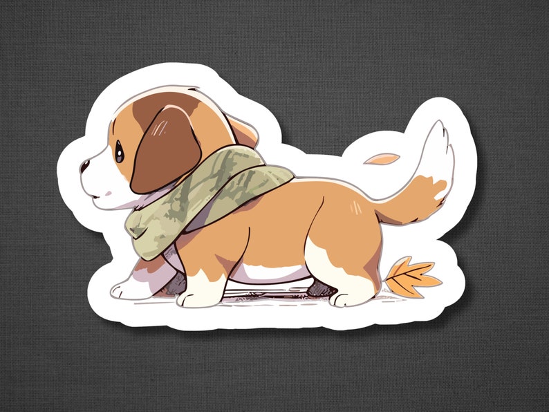 Puede incluir: Una ilustraci&oacute;n de dibujos animados de un cachorro marr&oacute;n y blanco con una bufanda verde y marr&oacute;n. El cachorro camina con la cola movi&eacute;ndose y una hoja marr&oacute;n detr&aacute;s de &eacute;l.