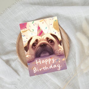 Cartão bonito do feliz aniversário, cartão colorido do Pug, cartão de aniversário, cartão do amor, cartão feliz do Pug do aniversário