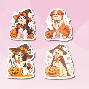 Niedliche Hunde mit Kürbisse Aufkleber, Hexenhunde Aufkleber Set, Tieraufkleber, Halloween Hundeaufkleber, BuJo Zubehör, Kinderaufkleber