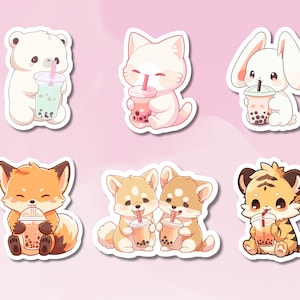 Süßer Bubble Tea Cutie Aufkleber, Tiere mit Bubbletea Aufkleber, Boba Aufkleber, süße Tiere, Kawaii Aufkleber