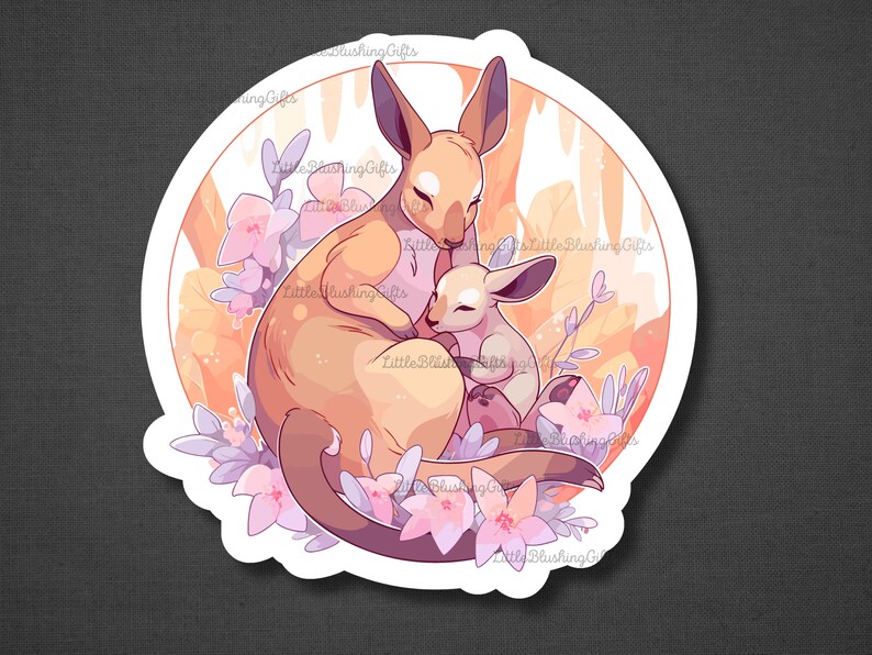 K&ouml;nnte beinhalten: Eine digitale Illustration einer Mutterk&auml;nguru und ihrem Jungen. Das K&auml;nguru ist braun und hat eine rosa Nase. Das Junge ist wei&szlig; und hat eine rosa Nase. Sie sind von rosa und lila Blumen umgeben.