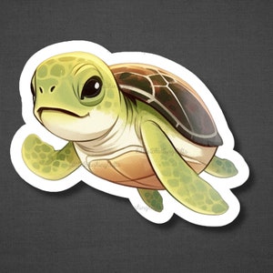 May include: A cartoon illustration of a small green sea turtle with a brown shell. The turtle has a cute, cartoonish expression and is swimming with its flippers.