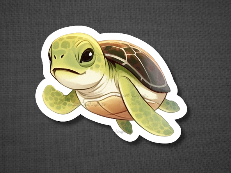 May include: A cartoon illustration of a small green sea turtle with a brown shell. The turtle has a cute, cartoonish expression and is swimming with its flippers.